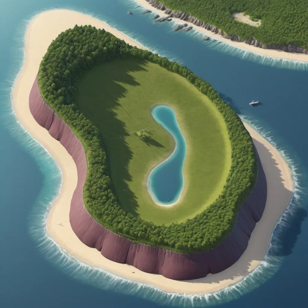 Prompt: a map of an island shaped like a kidney bean. In the middle of the island is a forest. On the north side of the island is farmland. On the east side of the island is beaches and harbours. On the west side of the island is a mountain range. One the south side of the island is a plateau and the land drops steeply into the ocean. 