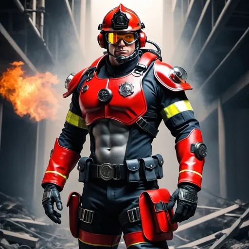 Prompt: muscluar handsome male cyborg firefighter tactical cop pilot