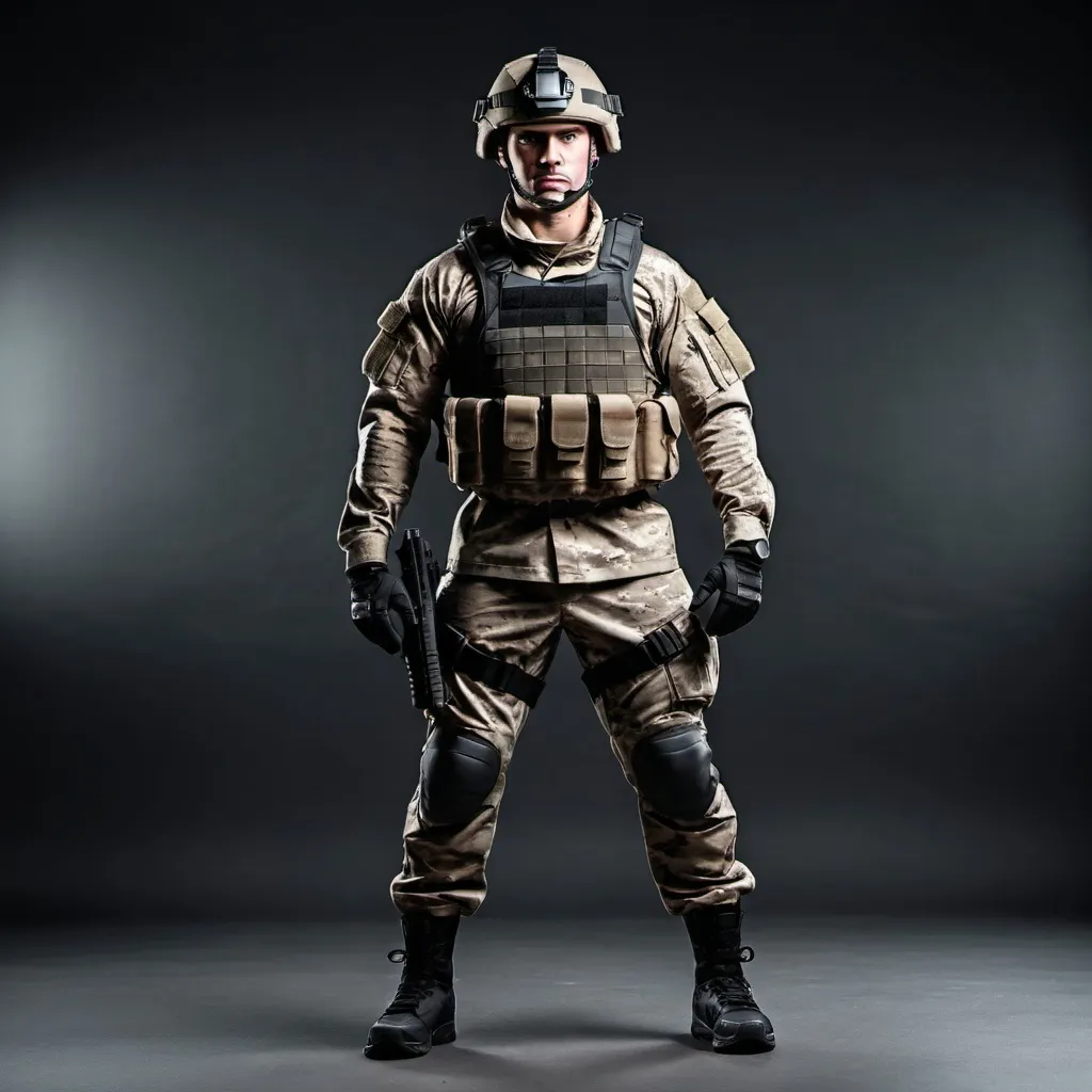 Prompt: muscluar athletic soldier in tactical uniform with helmet, full body