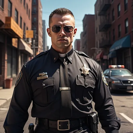 Prompt: hyper-muscluar male priest cop, sunglasses, full body pose