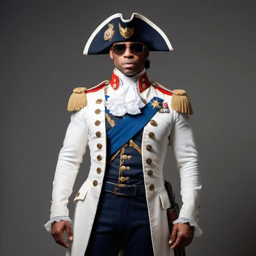 Prompt: full body portrait of hyper-muscluar athetic male prince as colonial soldier, massive chest with sunglasses 