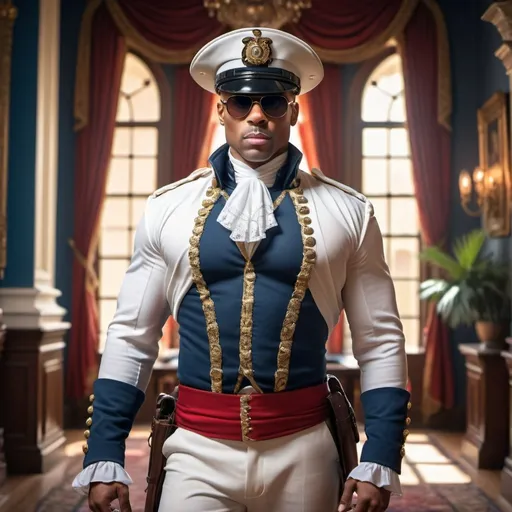 Prompt: full body portrait of hyper-muscluar athetic male prince as colonial cop, massive chest with sunglasses 