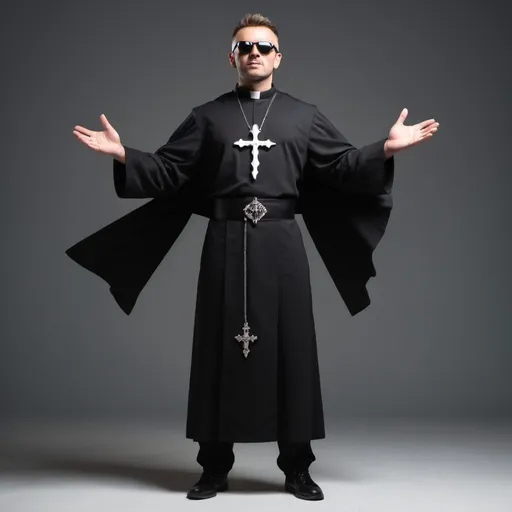 Prompt: hyper-muscluar male priest with sunglasses, full body pose