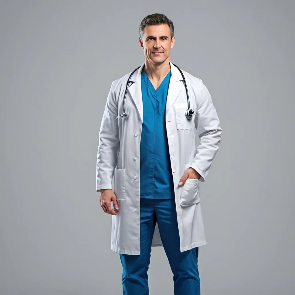 Prompt: muscluar athletic doctor in lab coat, full body