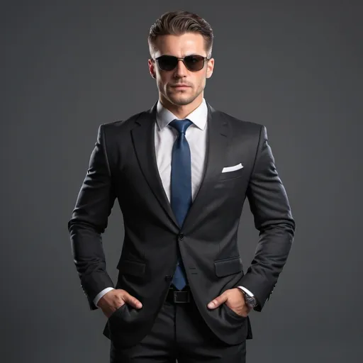 Prompt: hyper-muscluar male agent in business suit, sunglasses, full body