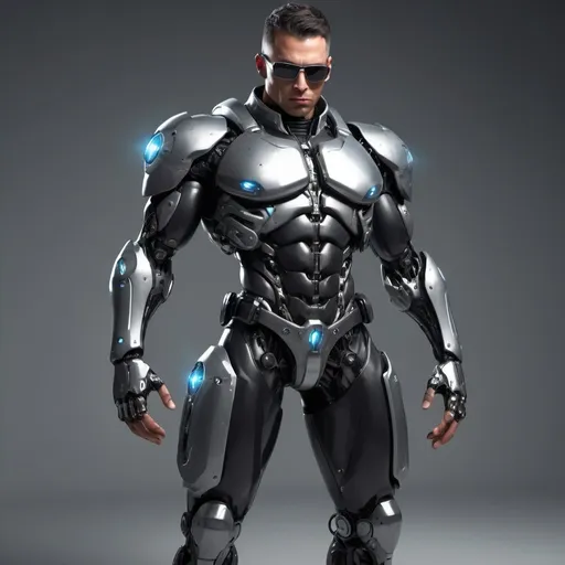 Prompt: hyper-muscluar male priest cyborg cop, sunglasses, full body pose