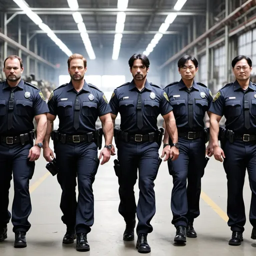 Prompt: line of hyper-muscluar male prince as tactical cops in factory