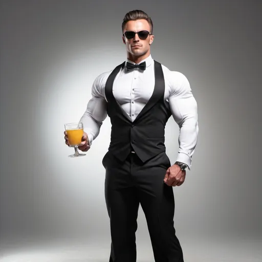 Prompt: hyper-muscluar male bodybuilder as butler, sunglasses, full body pose