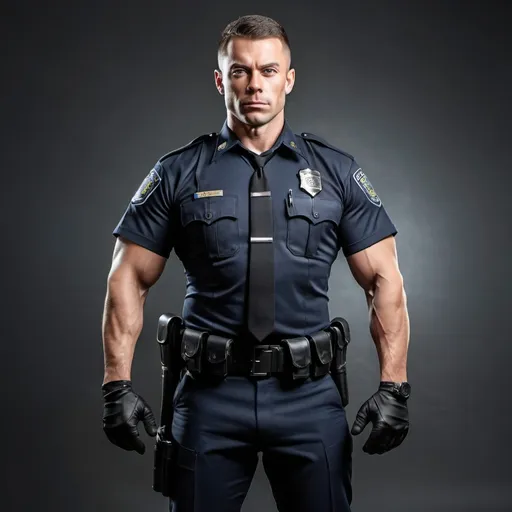 Prompt: full body portrait of hyper-muscluar athletic superhuman in tight police uniform