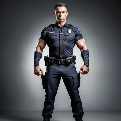 Prompt: full body portrait of hyper-muscluar athletic superhuman in tight police uniform