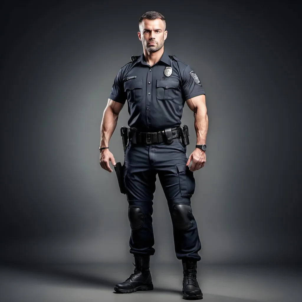 Prompt: muscluar athletic man in police tactical uniform, full body