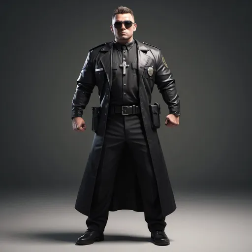 Prompt: hyper-muscluar male priest cop, sunglasses, full body pose