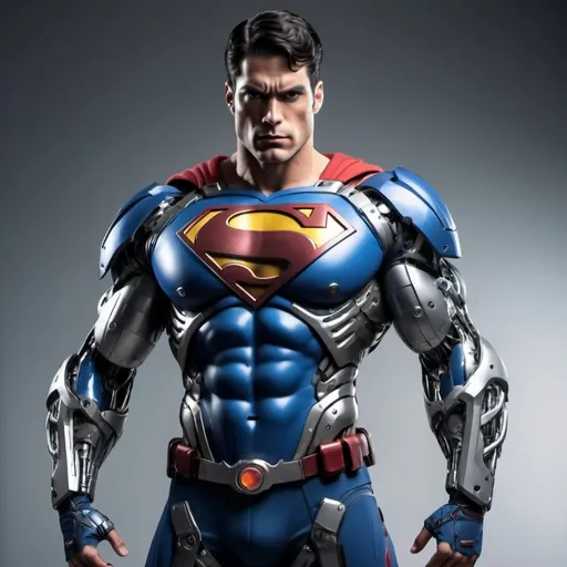 Prompt: muscluar athletic cyborg as superman in police uniform with helmet, full body