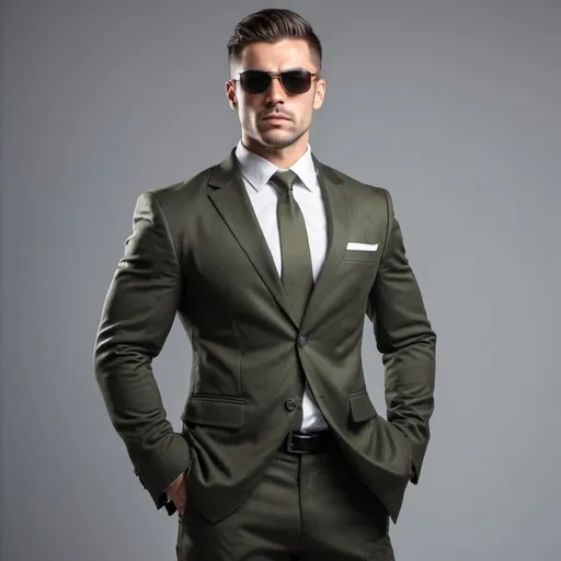 Prompt: hyper-muscluar male soldier in business suit with sunglasses, full body