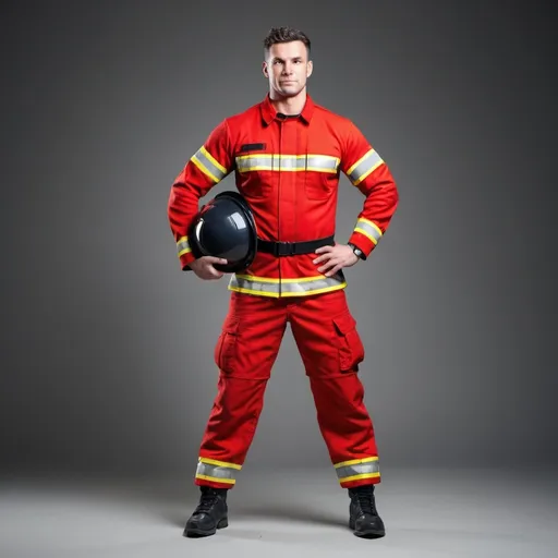 Prompt: muscluar athletic man in fire uniform, full body