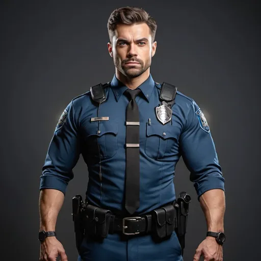 Prompt: full body portrait of hyper-muscluar handsome male athletic super hero in police uniform