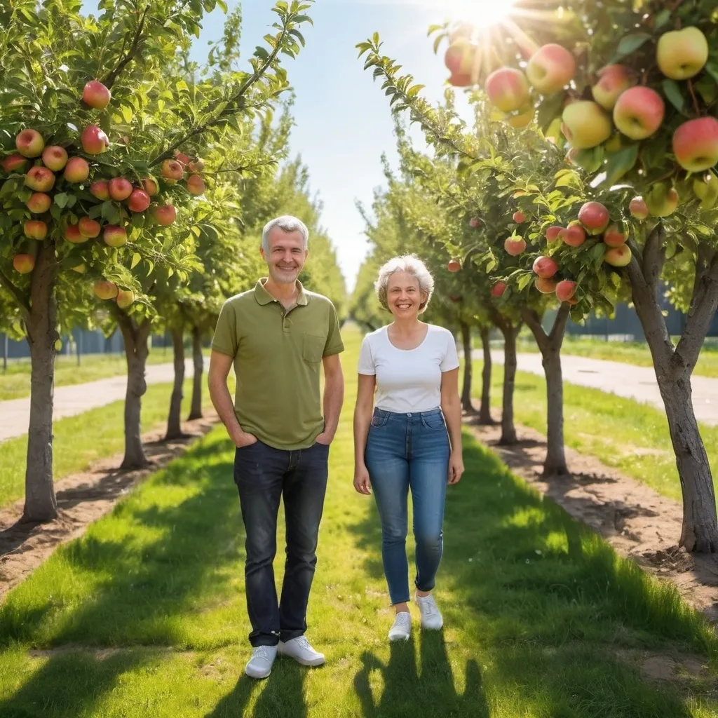 Prompt: urban area with neigbors smiling next to  sapling fruit trees of apples and pears the sun is shiny it is near a park
