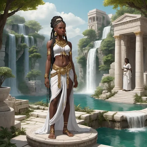 Prompt: An ancient city with 2 waterfalls made of white stone and surrounded by green gardens a young black warrior woman stands on a marble stone overlooking the scene she is dressed as an ancient merchant from sumer her garments are see through and sheer white and have gold embroidery her black dred loc hair is braided with gold ribbon , large white and pink sea shells lie at her feet