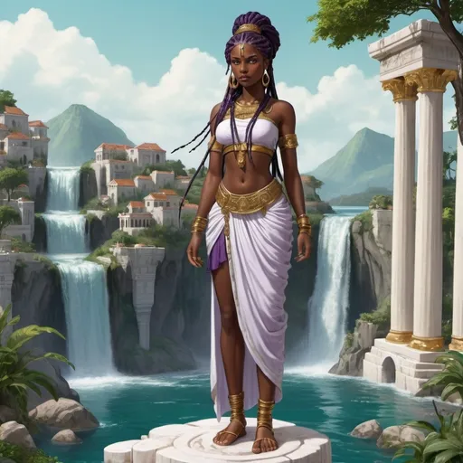 Prompt: An ancient city with 2 waterfalls made of white stone and surrounded by green gardens a young black warrior woman stands on a marble stone overlooking the scene she is dressed as an ancient merchant from sumer her garments are dark purple and have gold embroidery her black dred loc hair is braided with gold and sea shells at her feet are various large sea shells