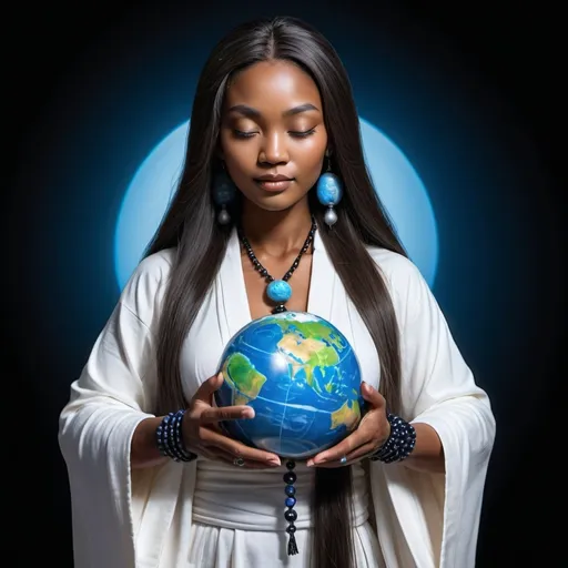 Prompt: Black Dark Brown Skin asian black female buddha her long hair straight black with blue highlights holding a globe planet earth in the palm of her left hand and a glowing strand dna helix in her right hand,she is dressed inshaolin robes  wearing silver prayer beads