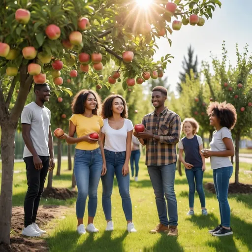 Prompt: urban area with young neighbors of different ethnicities smiling next to  sapling fruit trees of apples and pears the sun is shiny it is near a park there is a bushel of apples on the ground
