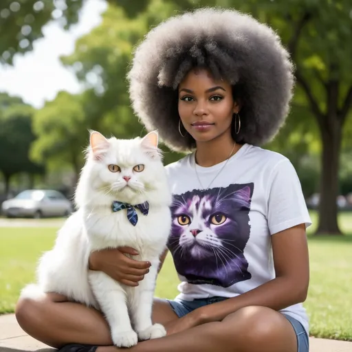 Prompt: beautiful black woman with a large afro and sitting on her head is a white persian cat she is in a park wearing a tie dyed tee shirt