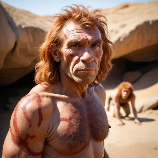 Prompt: Neanderthal man hairy chest and arms with protruding brow, red hair wearing animal skins in a hot desert sun shining, next to a small muddy waterhole