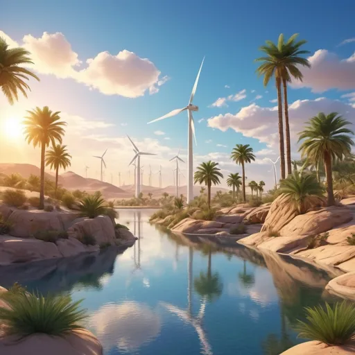 Prompt: A desert oasis of palm trees and waterfalls next to the trees are wind turbines generating electricity the sky is blue with puffy white clouds it is sunrise