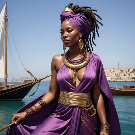 Prompt: Dark skinned black warrior woman in purple silk robes down to her feet covered with golden sandals her hair is black dread locs with gold tint braided wrapped in a purple head wrap with copper jewelry she is adorned with copper and gold jewelry by an ancient Mediterranean port with Sumerian style  sail boats with purple sails and flags blowing in the wind  on her back is a copper quiver with feathered arrows