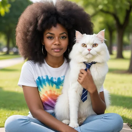 Prompt: beautiful black woman with a large afro and sitting on her head is a white persian cat she is in a park wearing a tie dyed tee shirt