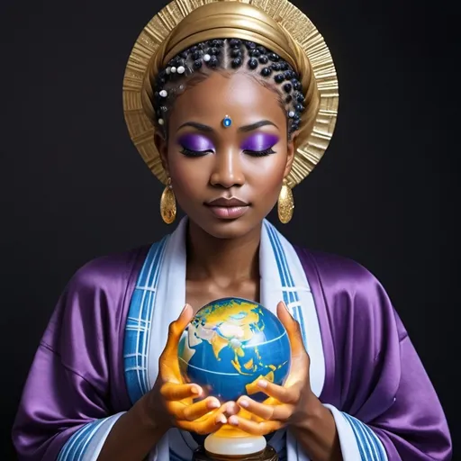 Prompt: golden Brown Skin golden female buddha her black and blonde highlights hair with afro straight black with blue highlights holding a globe planet earth in the palm of her left hand and a glowing strand dna helix floating in her right hand,she is dressed in kimono of white with blue pin stripes and purple robes  wearing black and blue pearl prayer beads