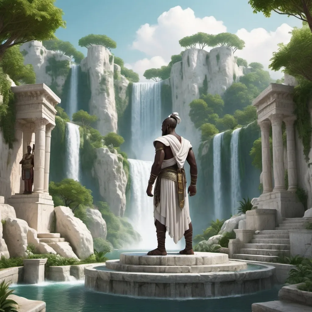 Prompt: An ancient city with 2 waterfalls made of white stone and surrounded by green gardens a young black warrior stands on a marble stone overlooking the scene he is dressed as an ancient merchant from sumer