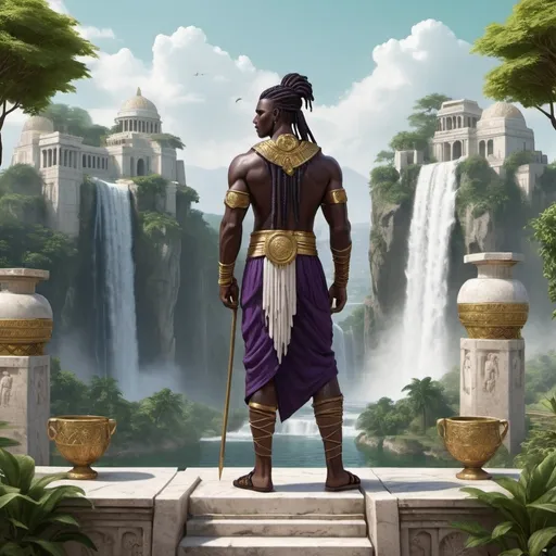 Prompt: An ancient city with 2 waterfalls made of white stone and surrounded by green gardens a young black warrior stands on a marble stone overlooking the scene he is dressed as an ancient merchant from sumer his garments are dark purple and have gold embroidery his black dred loc hair is braided with gold coins a spear is strapped to his back