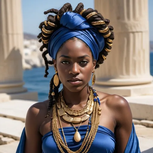 Prompt: black skinned muscular black queen in dark blue  silk robes down to her feet covered with braided curly locs her hair is black long curly hair down her back with blue silk ribbons  twisted in her braids wrapped in a blue and gold head wrap with gold and copper necklace jewelry she is adorned with gold and cowrie shell bangles and beads on her arms jewelry by an ancient greek Etruscan sea port with Greek style  sail boats with  gold and blue striping on sails 