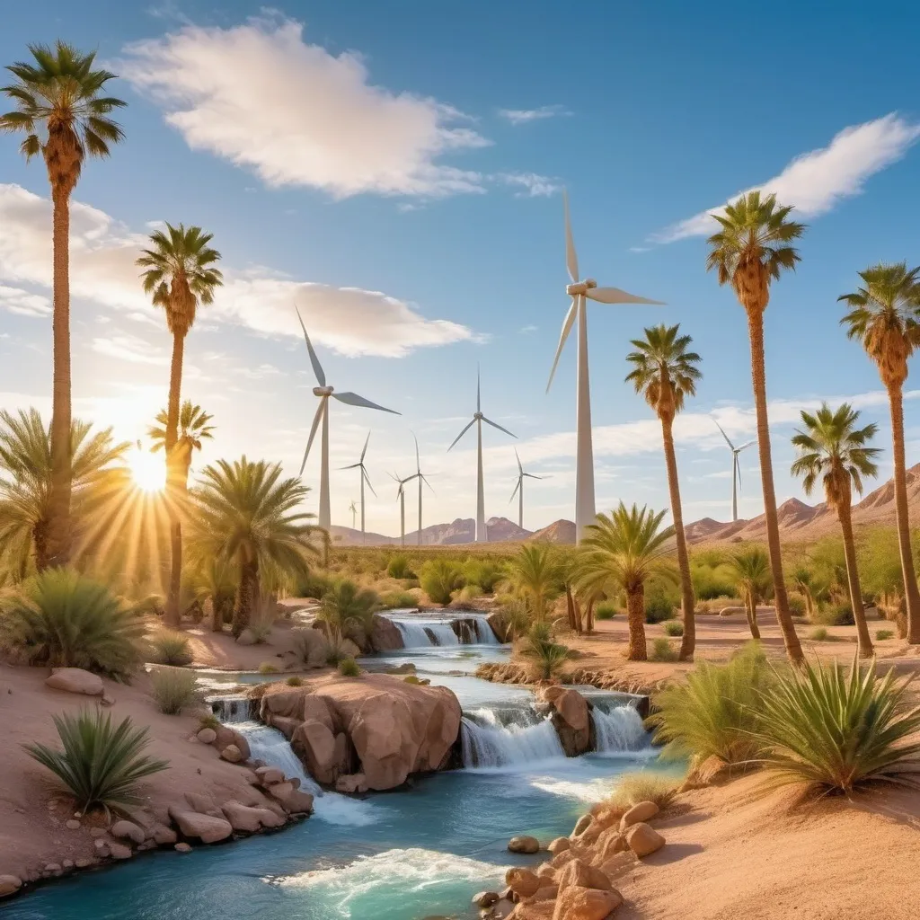 Prompt: A desert oasis of palm trees and waterfalls next to the trees are wind turbines generating electricity the sky is blue with puffy white clouds it is sunrise