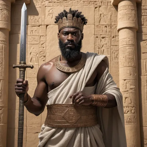 Prompt: A black king with curly black beard in front of an ancient ziggurat holds a scroll in his hand he is dressed in ancient Sumerian hemp clothing with copper bangles and a sword scabbard on his hip