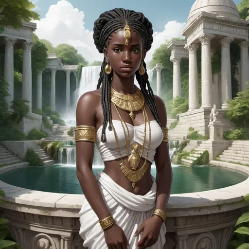 Prompt: An ancient city with 2 waterfalls A black stone  statue of atlas sits atop a palace made of white stone and surrounded by green gardens a young black warrior woman stands on a marble stone overlooking the scene she is dressed as an ancient merchant from sumer her garments are see through and sheer white and have gold embroidery her black dred loc hair is braided with gold ribbon , large white and pink sea shells lie at her feet