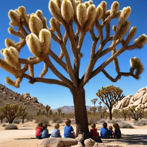 Prompt: joshua trees in full bloom with young children sitting around the tree on a sunny day
