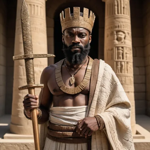 Prompt: A black king with curly black beard in front of an ancient ziggurat holds a scroll in his hand he is dressed in ancient Sumerian hemp clothing with copper bangles and a sword scabbard on his hip