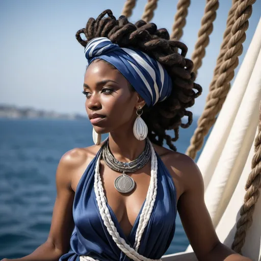 Prompt: brown skinned muscular black queen in dark blue  silk robes down to her feet covered with braided curly locs her hair is black long curly hair down her back with blue silk ribbons  twisted in her braids wrapped in a blue and white head wrap with silver and diamond necklace jewelry she is adorned with silver  and cowrie shell  jewelry by an ancient greek etruscan sea port with Greek style  sail boats with  white and blue striped sails blowing in the wind white dove is perched near her