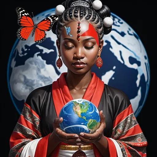 Prompt: Black Brown Skin aboriginal black female buddha her black and blonde highlights hair with a butterfly pin straight black with blue highlights holding a globe planet earth in the palm of her left hand and a glowing strand dna helix floating in her right hand,she is dressed in kimono of black white and red robes  wearing silver prayer beads