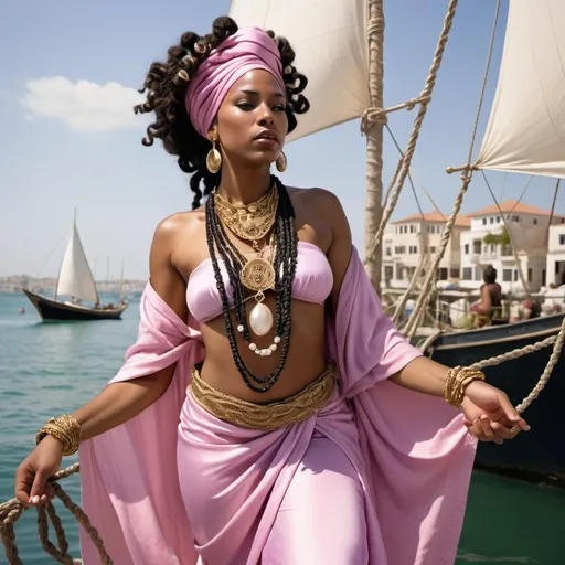 Prompt: brown skinned black warrior woman in pink silk robes down to her feet covered with golden sandals her hair is black curly hair down her back with vines of ivy  twisted in her braids wrapped in a purple head wrap with pearl necklace jewelry she is adorned with white  pearls and cowrie shell  jewelry by an ancient Arabian city port with greek style  sail boats with  white sails and pink and pastel green flags blowing in the wind 