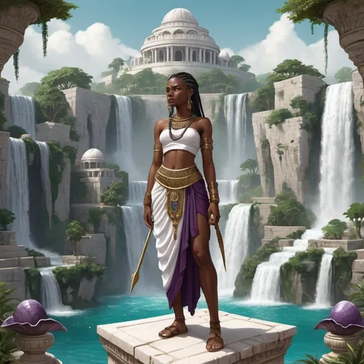 Prompt: An ancient city with 2 waterfalls made of white stone and surrounded by green gardens a young black warrior woman stands on a marble stone overlooking the scene she is dressed as an ancient merchant from sumer her garments are dark purple and have gold embroidery her black dred loc hair is braided with gold and sea shells a spear is strapped to her back