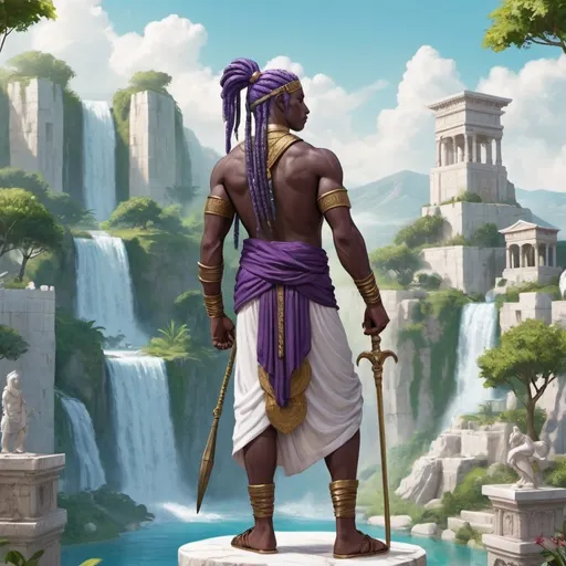 Prompt: An ancient city with 2 waterfalls made of white stone and surrounded by green gardens a young black warrior stands on a marble stone overlooking the scene he is dressed as an ancient merchant from sumer his garments are purple and blue his hair is braided with gold coins a spear is strapped to his back