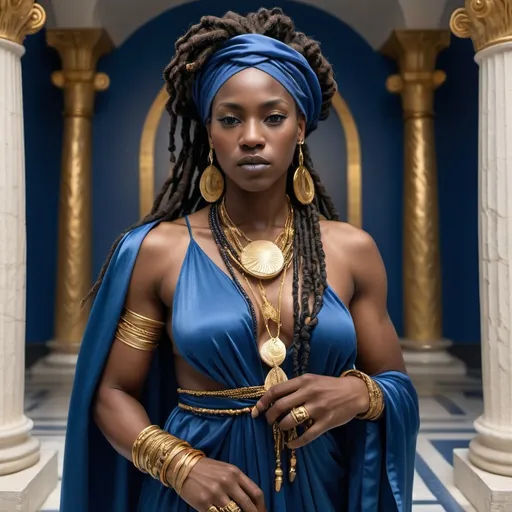 Prompt: black skinned muscular black queen in dark blue  silk robes down to her feet covered with braided curly locs her hair is black long curly hair down her back with blue silk ribbons  twisted in her braids wrapped in a blue and gold head wrap with gold and copper necklace jewelry she is adorned with gold and cowrie shell bangles and beads on her arms jewelry by an ancient greek Etruscan sea port with Greek style  sail boats with  gold and blue striping on sails 