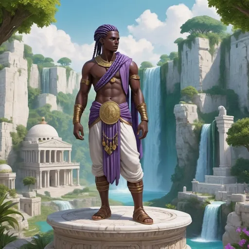 Prompt: An ancient city with 2 waterfalls made of white stone and surrounded by green gardens a young black warrior stands on a marble stone overlooking the scene he is dressed as an ancient merchant from sumer his garments are purple and blue his hair is braided with gold coins