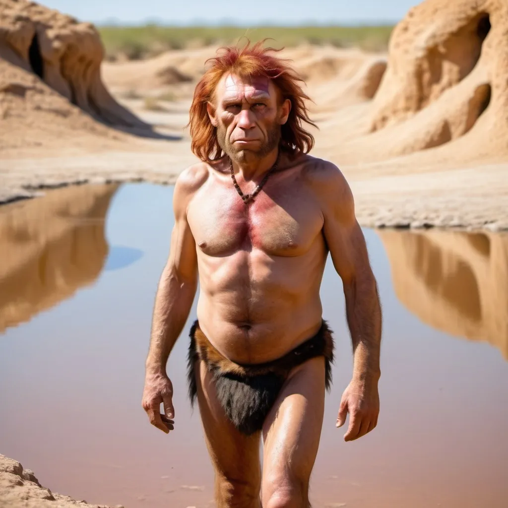 Prompt: Neanderthal man hairy with red hair wearing animal skins in a hot desert sun shining, next to a small muddy waterhole