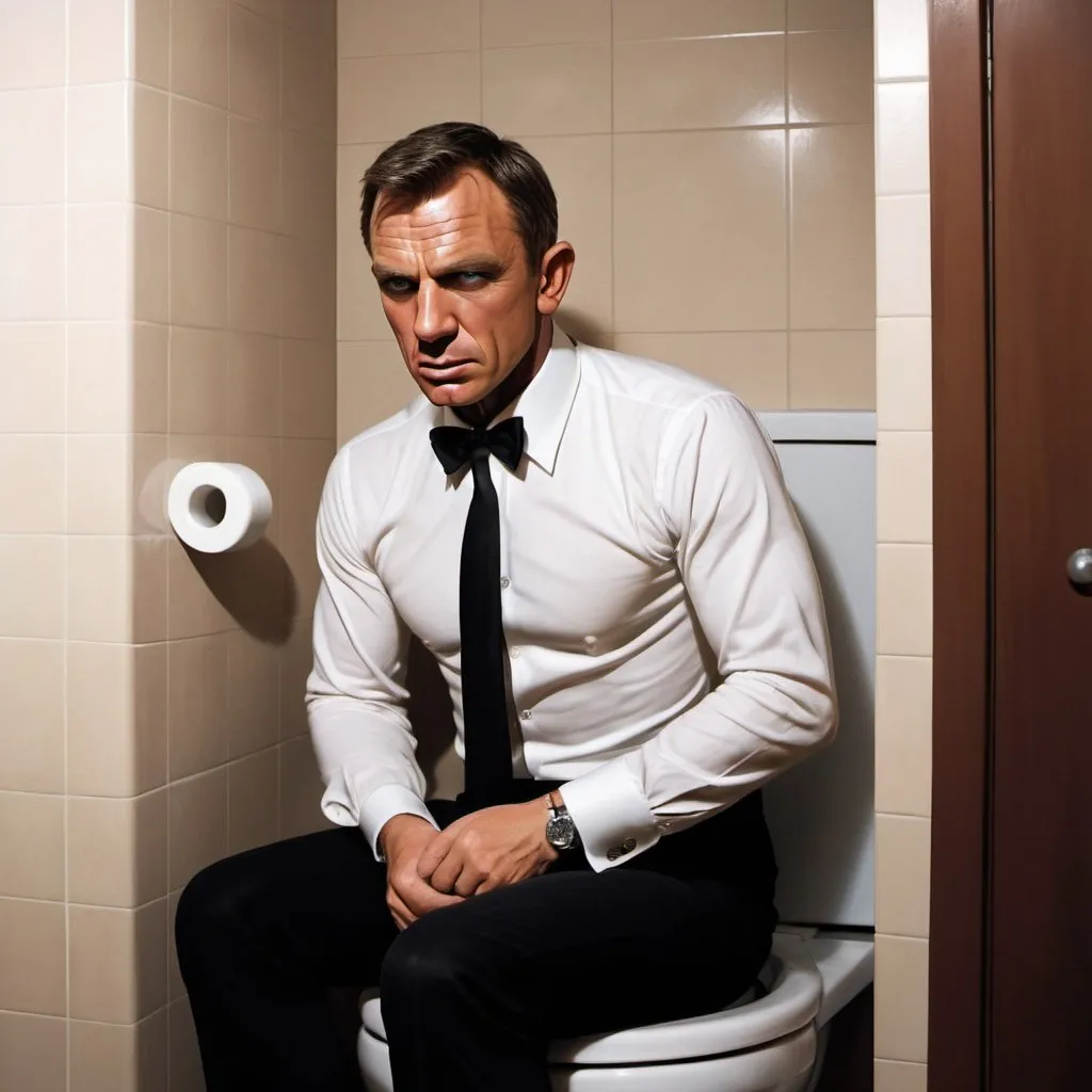 Prompt: James Bond i stuck in a toilet an is extremely angry while his wife laughs at him hyperrealistic