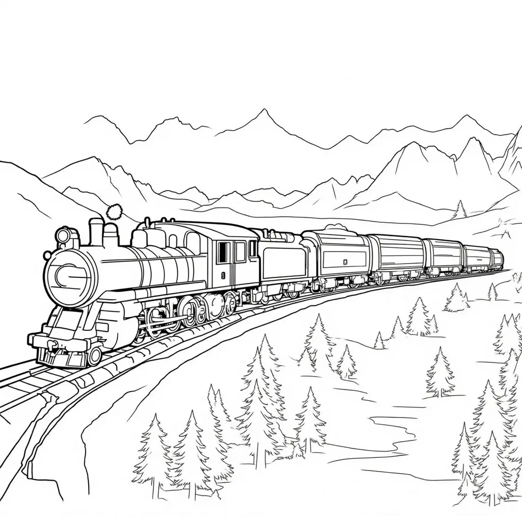 Prompt: Create a landscape colouring page with numbering for colour painting of a an old steam train driving through the mountains