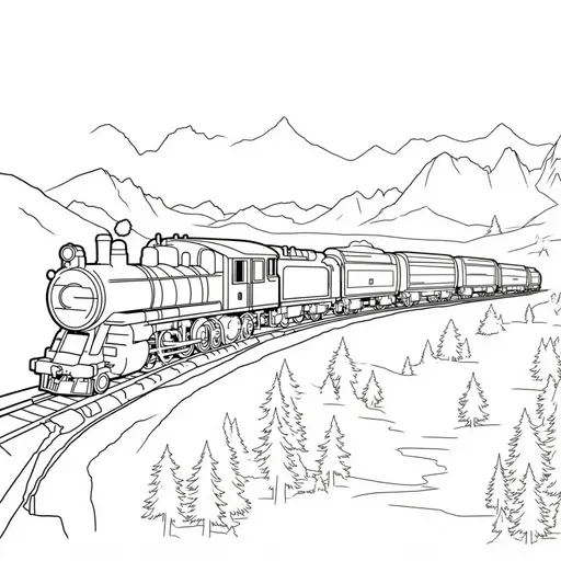 Prompt: Create a landscape colouring page with numbering for colour painting of a an old steam train driving through the mountains